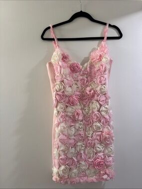 Pink & Cream Floral Rosette Mini Dress with Spaghetti Straps